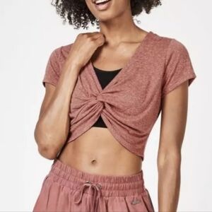 Sweaty Betty Arc Twist Front Crop Tee Linen Blend Rust Women's Large